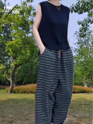 条纹休闲裤 #景倩妮今年舒适条纹休闲麻裤2025夏季新款高腰显瘦九分直筒裤#休闲百搭 #休闲裤 @DOU+上热门 @DOU+小助手