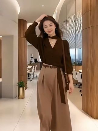 2025早秋新款女韩系穿搭修身V领飘带长袖上衣气质高腰显瘦半身裙#优雅气质 @DOU+小助手