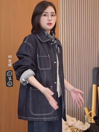 韩系复古百搭翻领牛仔外套女秋季慵懒风宽松中长款上衣#春秋新款 #牛仔外套#强烈推荐 #牛仔穿搭 #牛仔外套穿搭