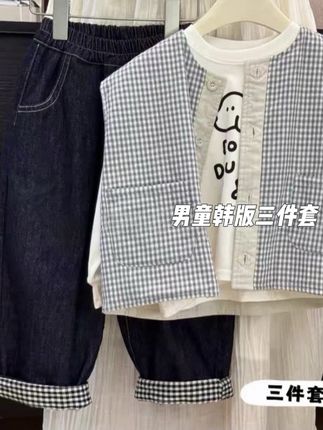 男童套装秋装2025新款韩系双面卡通马甲背心韩版牛仔裤T恤三件套#高品质童装 #潮童穿搭 #韩版穿搭 #萌宝穿搭 #萌娃穿搭