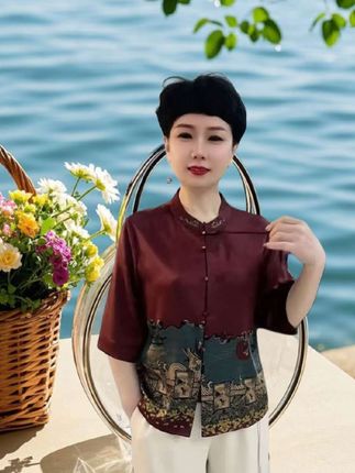 休闲百搭衬衫国风开衫洋气女装中老年上衣宽松遮肚显瘦高档短旗袍#洋气减龄 #妈妈装