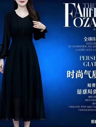 黑色雪纺连衣裙女装2025春秋新款长袖气质显瘦小黑裙过膝长款长裙#好物推荐#好物分享#热门#正品#爆款
