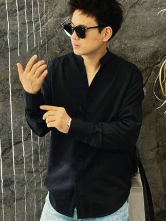 #秋季新款 V领立领垂感修身长袖衬衫#休闲百搭 韩版高级感痞帅衬衣黑衬衫#痞帅穿搭 #时尚休闲
