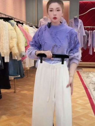 #上热门 粉色软糯针织阔腿裤女秋冬加厚垂感窄版直筒裤高腰宽松显瘦休闲裤