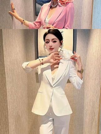 白色夏季气质女神范洋气减龄修身显瘦西装套装女微喇叭裤子两件套