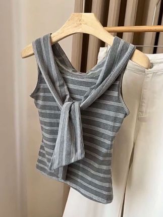 条纹#披肩背心 T恤女夏季新款辣妹设计感无袖修身显瘦百搭上衣