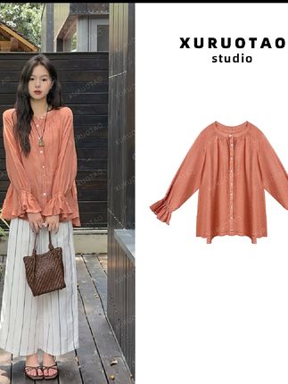 XURUOTAO 【芷若】100苎麻花瓣袖设计感显瘦橘色上衣 T5458#谁穿谁好看#新款上新#高级感穿搭 #慵懒风穿搭 @爆款推荐