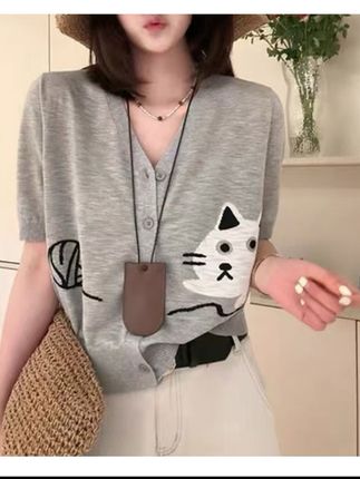 2025夏季薄款竹节麻短袖t恤针织衫女洋气减龄上衣V领冰丝开衫#夏日穿搭#高级感穿搭 #短袖t恤 #短袖t恤 #显高显瘦