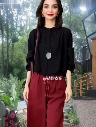 秋季新品休闲遮肚长袖上衣+直筒九分裤#女装穿搭 #街拍穿搭 #今日分享
