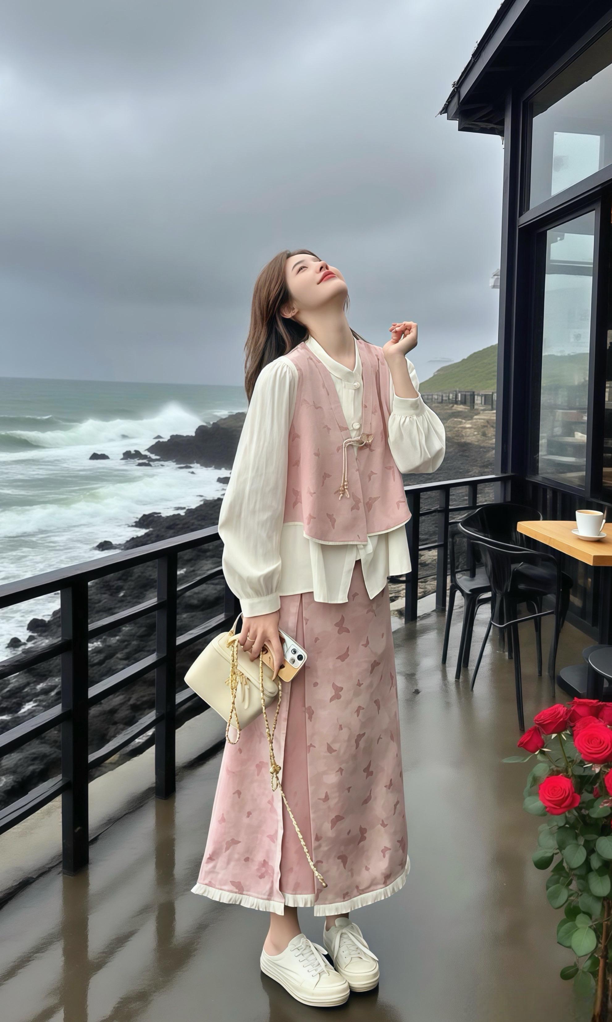 《海畔烟雨遇东方》烟雨朦胧了海岸线,苏语身着早秋新中式套装,淡粉纹样在水汽里晕出雅致。灯笼袖的温柔与马甲的利落相撞,恰如这海的汹涌与天的沉静。 啊泽是来寻景的摄影师,镜头扫过露台时,撞见苏语仰头望雨的模样——衣袂间的东方韵味,和黑礁白浪的野性奇妙相融。 “你的穿搭,是这片海的诗意注脚。”啊泽忍不住开口。 苏语回眸,笑涡浅浅:“那你愿意做这注脚的记录者吗?” 雨丝成了天然的幕布,新中式的温婉与海的磅礴,在快门声里完成了一场跨越风格的邂逅。 #我有我的东方骨 #独属中国人的浪漫 #新中式穿搭 #国风合伙人 #优雅永不过时