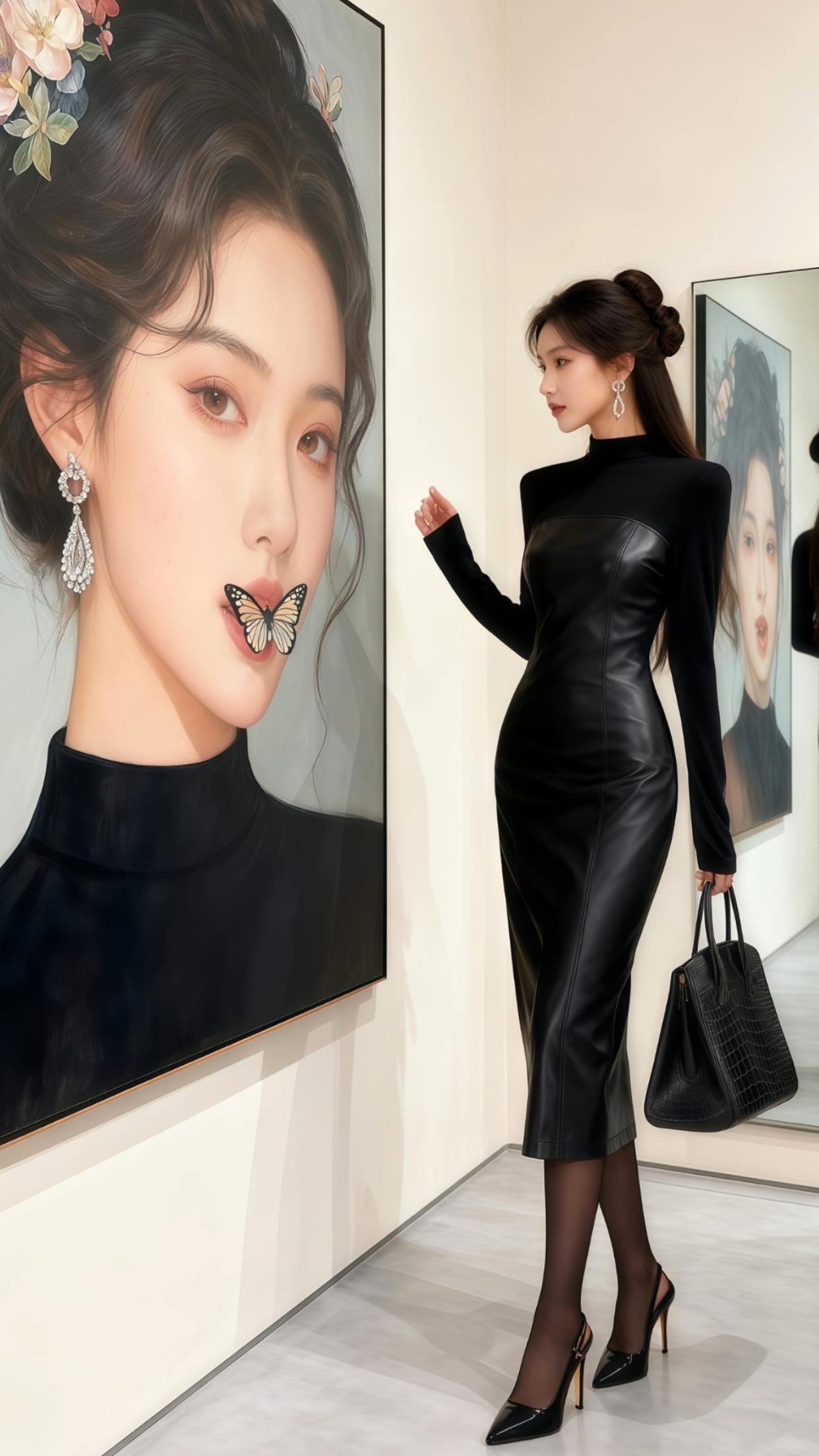 《美术馆里,她撞进了自己的画》#穿搭与画中人的时空共振 #冬装黑裙的艺术氛围感 美术馆暖光裹着她的黑裙,磨毛针织与皮质拼接在画布上泛着同频的光——第一张画里,她鬓边簪花,唇间栖蝶,裙角垂落的弧度和她此刻捏着包带的指节重合。 举相机时,镜中梅枝掠过裙摆,画里的自己正抬指碰落花瓣。第三幅画的蝴蝶振翅,她忽然觉出裙料磨毛的暖,像画中人刚从画布走下,把冬的质感揉进了呼吸里。 这哪是看展,是她撞进了自己的时尚叙事里。 #黑色高级感穿搭 #轻奢女装 #赫本小黑裙 @抖加🔥上热门🔥dou+🔥热点宝