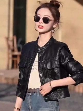 海宁真皮短款皮衣女款2025年开春新款绵羊皮机车服酷飒风夹克外套】#时髦穿搭 #春秋穿搭 #皮衣外套搭配 #皮衣 #皮衣搭配
