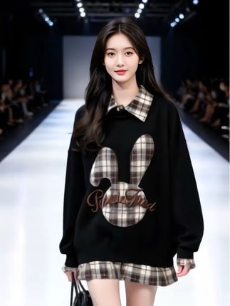 格子拼接设计感加绒加厚卫衣女秋冬季新款韩版宽松大码假两件上衣#高级感穿搭 #今日穿搭 #穿出高级感 #优雅气质 #减龄气质