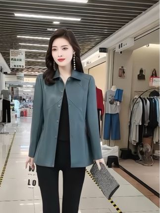 海宁新款方领皮衣外套,休闲大码外套