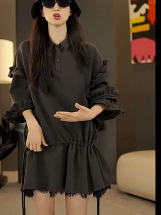 #强烈推荐 设计师原创时尚休闲复古宽松设计感POLO领喇叭长袖卫衣-153198