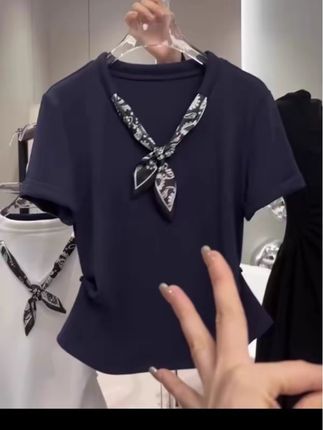 大码胖mm法式高级感丝巾短袖T恤女士夏季款遮肚子显瘦纯色上衣ins#爱了爱了 #强烈推荐