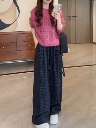 春秋新款镂空长袖针织衫毛衣阔腿裤两件套#春秋时尚套装#女士套装穿搭#女装