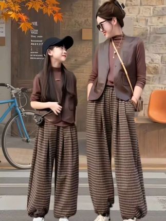 亲子装套装宽松母女打底衫+马甲+洋气格子裤三件套#简约穿搭 #通勤搭配 #日常搭配