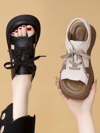 镂空显脚小系带罗马凉鞋女2025夏季新款时尚厚底不累脚轻便沙滩鞋#沙滩鞋凉鞋 #凉鞋 #舒适透气又凉快 #好物推荐🔥 #百搭鞋子