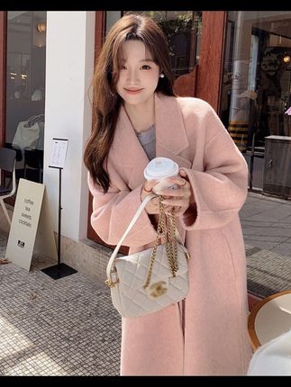 粉色双面毛呢大衣2025秋冬新款韩版宽松中长款爆款呢子外套女868#百搭#洋气#韩版#毛呢大衣#中长款