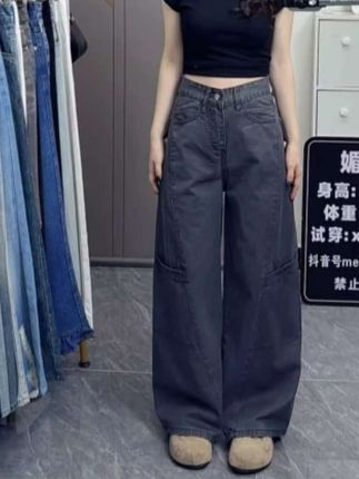 美式复古阔腿牛仔工装裤女秋季新款高腰宽松显瘦垂感直筒拖地裤子#牛仔裤 #显瘦穿搭 #面料柔软舒适 #工装裤 #穿搭