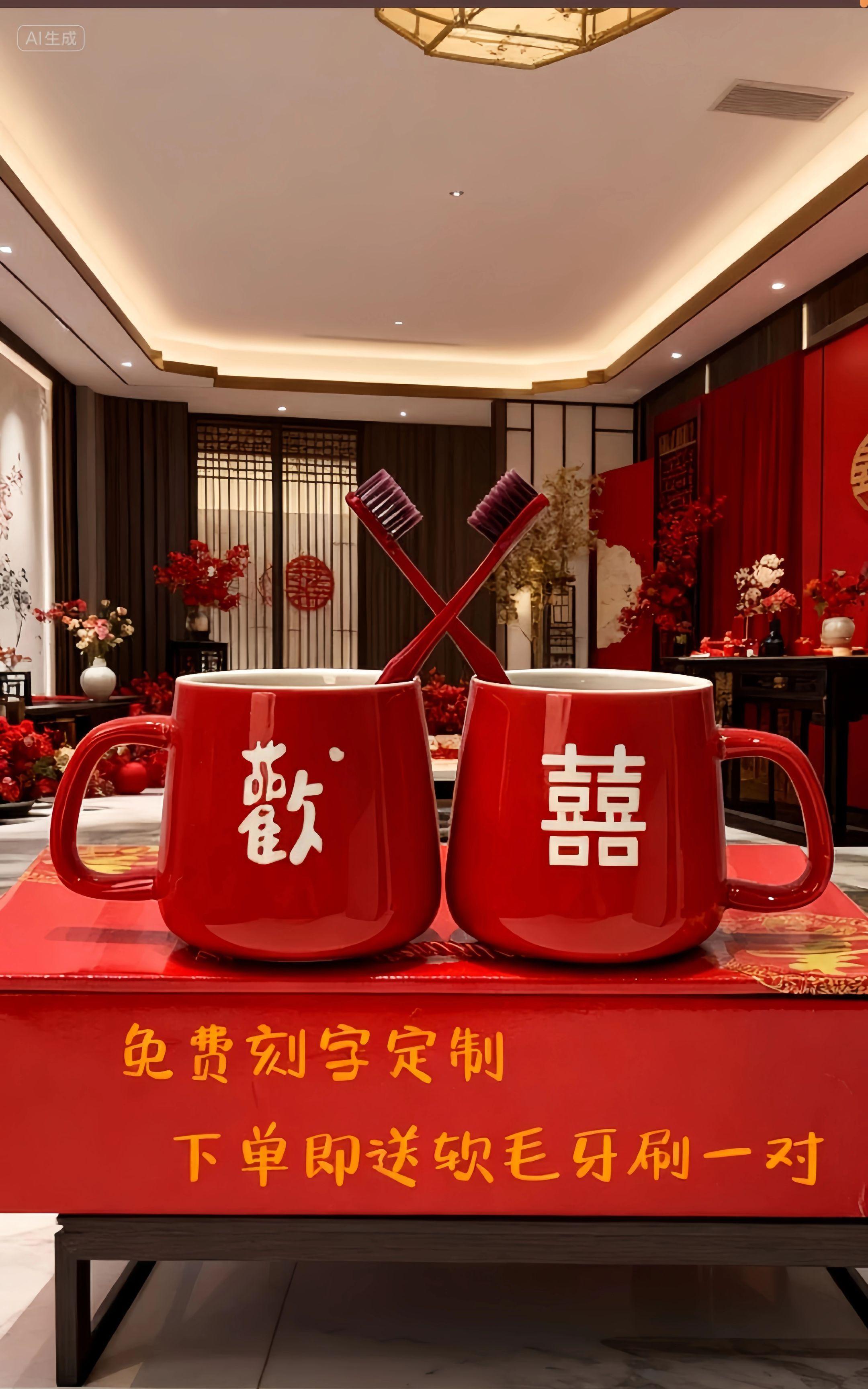 结婚洗漱杯对牙刷杯水杯洗漱口杯情侣红色陶瓷一对情侣红色漱口杯#高端大气 #备婚好物分享 #红色喜庆