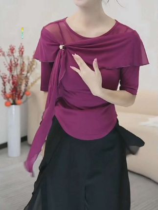 前后两穿 现代舞圆领修身披肩打底衫女款中袖夏季古典舞练功服成人训练服装 #打底衫 #上衣 #舞蹈服 #优雅气质 #面料柔软舒适