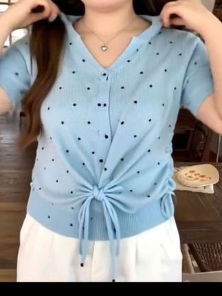 小众设计感波点半开领针织短袖夏季大码抽绳高级感遮肉上衣G610