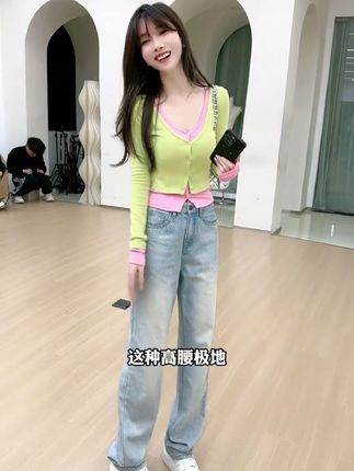 四面弹窄版阔腿牛仔裤女2025秋季新款高腰宽松百搭显瘦直筒裤#显高显瘦显腿长的一条裤子 #牛仔裤#胖瘦都能穿 #谁穿谁好看