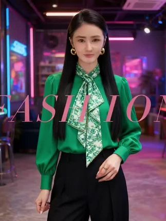 现货2025秋季新款【DD-6255-1】时尚领巾飘带设计绿色印花衬衫上衣#福鼎市中医院 #渔网定型 #儿童医学中心 #北京中医药大学孙思邈医院