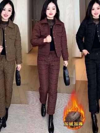 加绒加厚时尚套装女2025冬季新款洋气显瘦菱形格棉衣棉裤两件套#冬季穿搭 #加绒保暖 #时尚套装 #棉衣棉裤套装 #洋气显瘦