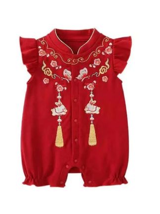 婴儿衣服夏季短袖女童连体衣国风前开哈衣婴儿满月百天抓周礼服棉#dou上热门 #宝妈推荐 #周岁礼服#连体衣