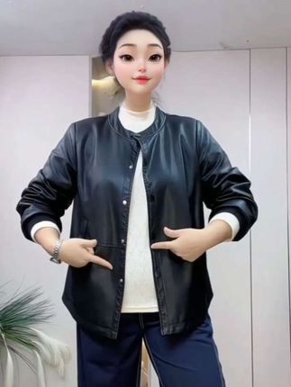 时尚黑色宽松春秋季新款大码女士皮衣休闲盘扣百搭PU外套#简约大气 #宽松有范 #气质皮衣 #休闲减龄穿搭 #高级感穿搭
