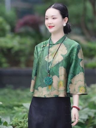 中式国风香云缎面牡丹印花七分袖短外套2025春夏新款傣味上衣#国风古韵 #复古风穿搭 #夏日清爽开局指南 #普通人的穿搭心得 #暑假出游穿搭。