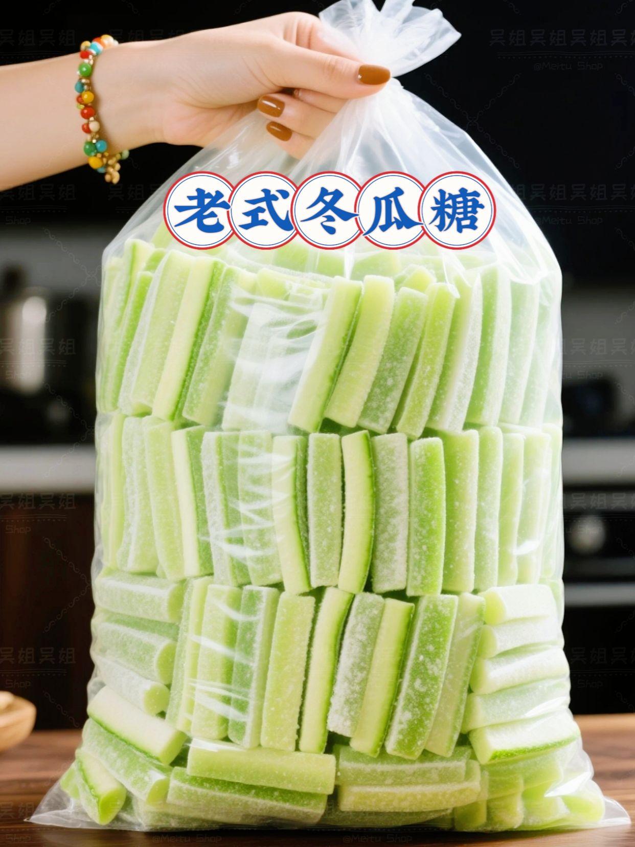 老式冬瓜糖。老式冬瓜糖,一口梦回童年!它藏着记忆里的甜。谁的童年没尝过晶莹的老式冬瓜糖呢?这款遵循传统工艺的冬瓜糖,从选材到成品满是匠心。精选新鲜冬瓜,去皮去籽切成规整方块,以古法糖水慢熬数小时,不加香精、色素,全凭时间留住冬瓜的清甜水润。 成品冬瓜糖裹着薄糖霜,咬开不齁甜,反倒有冬瓜本身的清爽,口感软糯带嚼劲,每一口都是小时候的味儿。日常当零食解馋,或是泡水、做糕点配料,都很合适。现在下单,既能找回童年记忆,还能和家里老人、孩子分享这份纯粹甜蜜,让老味道在时光里一直甜下去!#快来一起尝个鲜 #老人小孩都爱吃#超便宜超划算 #儿时的味道#舌尖上的香愁