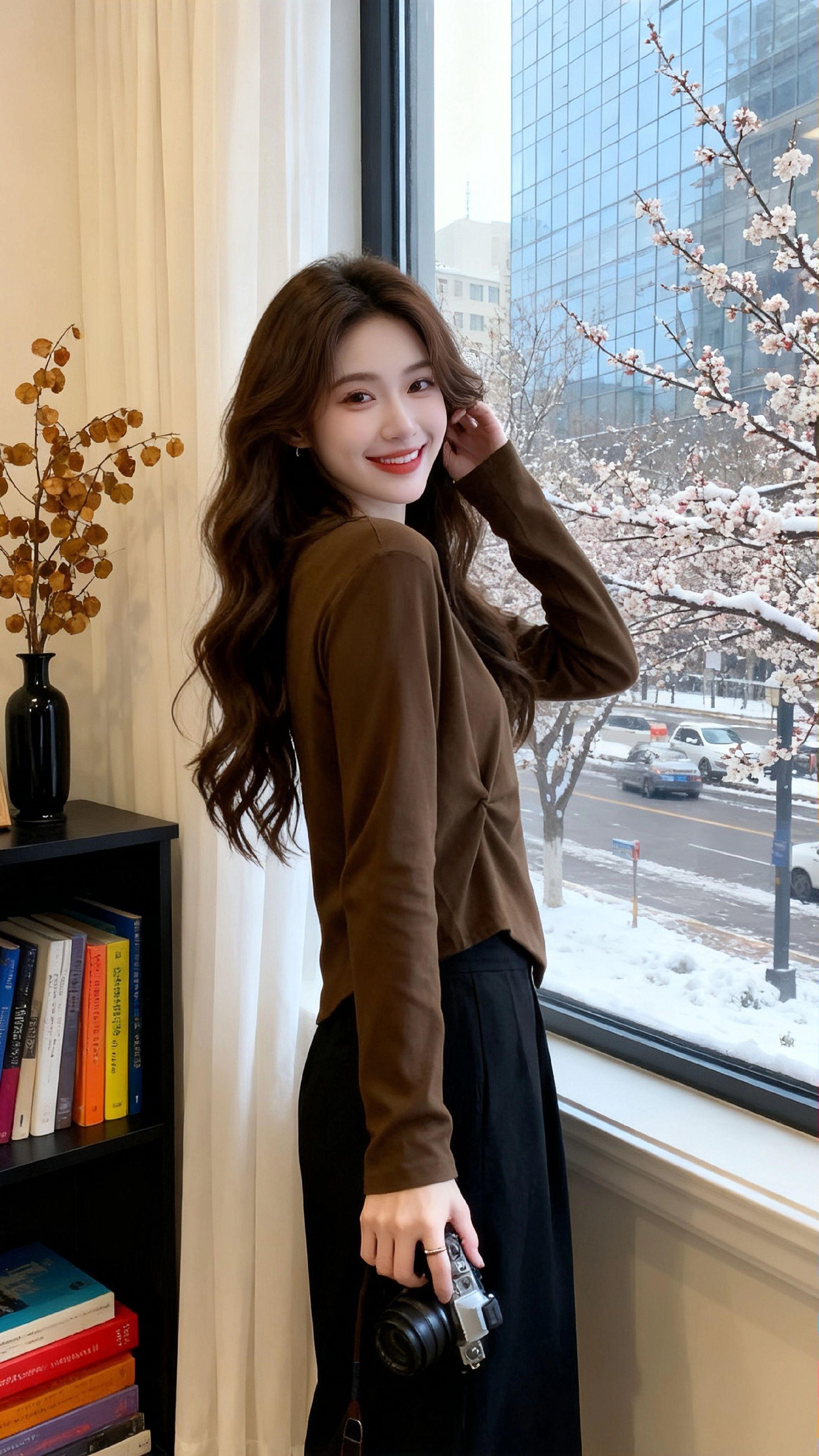 《衣褶间的四季》   棕褐色的衣摆似揉进了秋阳的暖,又盛着冬雪的静,在时光里洇开温柔的褶皱。   当梧桐叶把街道铺成金黄,她抱着蓬松的白猫站在店中,玻璃外的雨珠串起秋的絮语,衣料随呼吸轻晃,像将整个季节的慵懒都收进了针脚。花瓶里的黄玫瑰垂着晨露,与衣身的暖棕相映,恍惚间,秋意便在衣襟褶皱里生了根。   转瞬间,雪落满了窗外的枝桠,那衣摆却依旧妥帖。她执起相机,将雪压梅枝的清景纳入镜头时,棕褐色的衣袖掠过空气,带起一阵细响,似秋与冬在衣褶里完成了无声的相拥。书架旁的干花垂着枯叶,与衣上的纹理遥遥呼应,原来四季的故事,早被织进了这一件衣裳的经纬里——秋的温软,冬的清寂,都在她抬手抚发的刹那,从衣褶间簌簌落下,成了岁月里最绵长的注脚。#长袖t恤 #宽松百搭#好看又便宜
