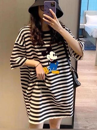 孕妇中长款条纹短袖t恤女夏季连衣裙宽松胖妹妹大码女装学生上衣#夏季穿搭 #今日穿搭 #宽松版型 #短袖t恤 #条纹中长款短袖