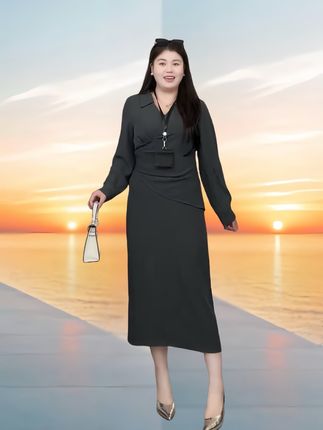 秋季大码V领显瘦长袖职业轻熟优雅时尚高腰连衣裙#秋季连衣裙 #v领连衣裙 #长袖连衣裙 #优雅连衣裙 #时尚连衣裙显瘦洋气
