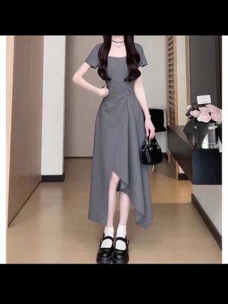 夏季新款一片式掐腰裙不规则设计感长裙通勤黑色连衣裙女D2415#面料柔软舒适