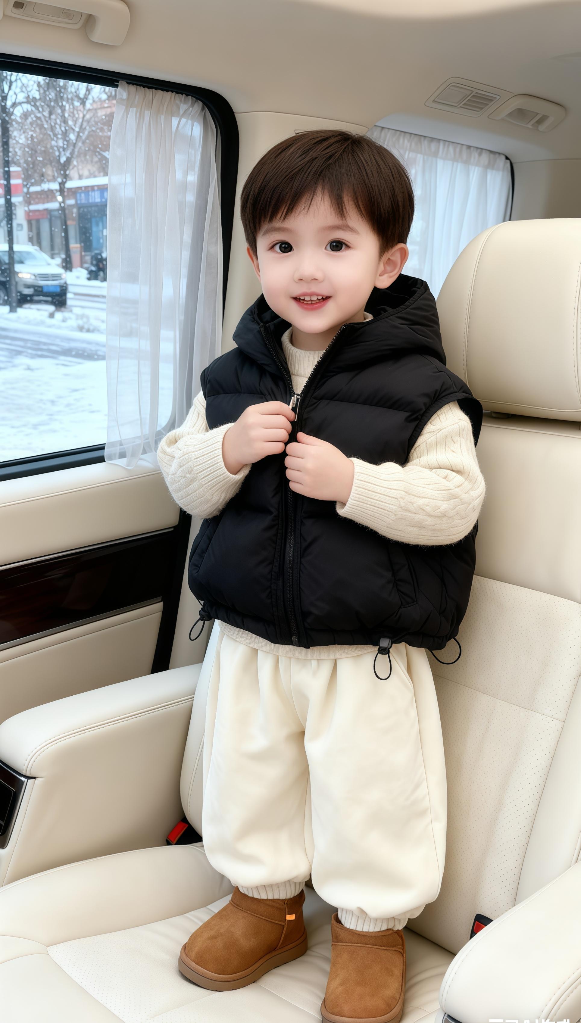 冬日的车厢裹着软乎乎的暖, 小宝贝把黑色马甲裹成蓬松的小云朵, 米白毛衣蹭着婴儿肥的脸蛋, 肉乎乎的小手攥着小汽车, 窗外雪丝儿轻晃, 他笑起来,连冬风都跟着软了三分~ #男宝穿搭 #儿童马甲 #男童保暖马甲 #亲子 #潮童穿搭