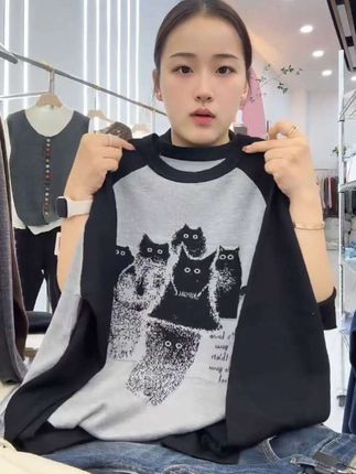 秋冬新款细针好多小黑猫提花圆领针织衫套头打底女8761#时尚休闲百搭#内搭外穿都好看#秋款上新#洋气打底衫推荐@DOU+上热门