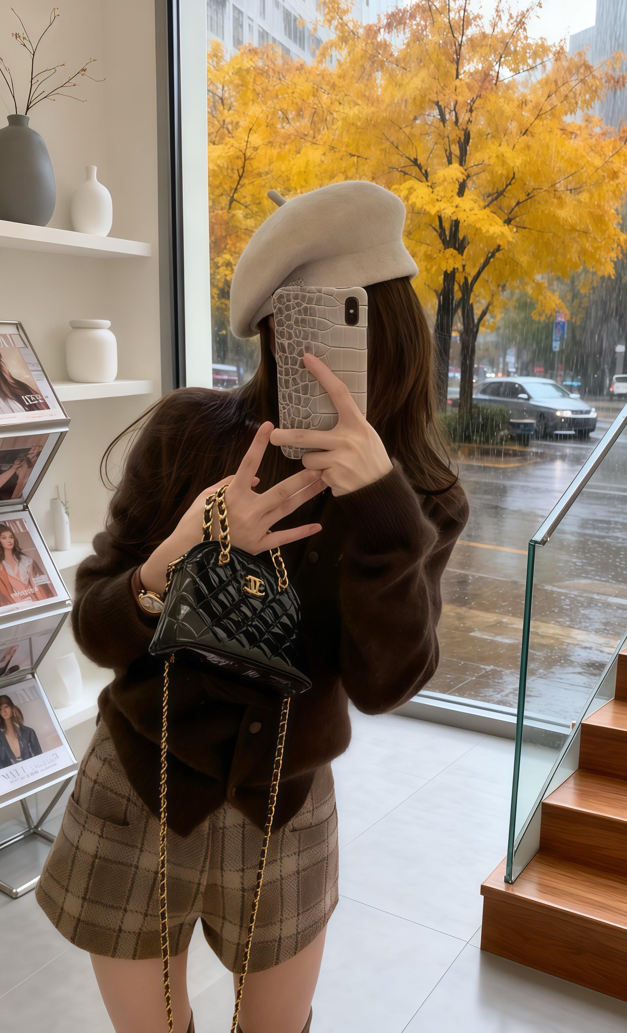 谁懂啊!雨天在这家韩系店自拍,窗外黄叶和棕系穿搭绝配✨ 深棕针织开衫+格纹短裤,复古又显腿长,米白贝雷帽一戴、黑金链条包一挎,把温柔感和轻熟感融合得刚刚好🍂 店里杂志架、简约陈列当背景,看着窗外飘雨的黄叶街景,感觉自己像韩剧里的都市女主~这种约会、探店都能穿的搭配,发朋友圈被问爆链接~你们喜欢这种秋日棕系搭配吗?#今日穿搭 #创作者扶持计划 #穿搭小心机 #秋冬穿搭分享 #晒晒我的秋日穿搭
