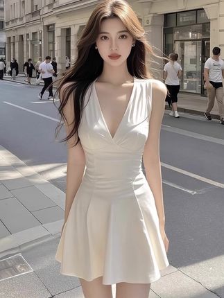 #上热門话题🔥🔥🔥 2025夏季新款法式V领白色无袖连衣裙性感A字裙气质优雅显瘦裙子女#夏季新款 #气质优雅 #连衣裙 #