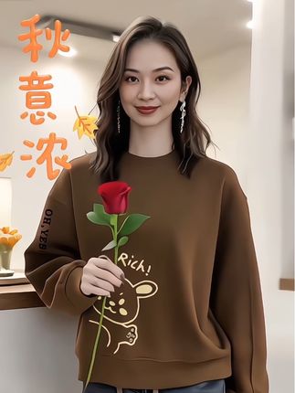啄木鸟纯棉深紫色圆领卫衣女士春秋冬季宽松套头韩版休闲印花上衣#洋气穿搭 #百搭上衣 #时尚卫衣 #减龄气质 #优雅气质