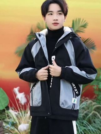 春秋季连帽外套 男士休闲套装 青少年潮流宽松加绒夹克套装#套装