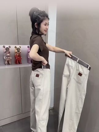 格洛森早女秋新款时尚设计感百搭高腰显瘦弯刀休闲宽松长牛仔裤#牛仔裤#休闲#宽松