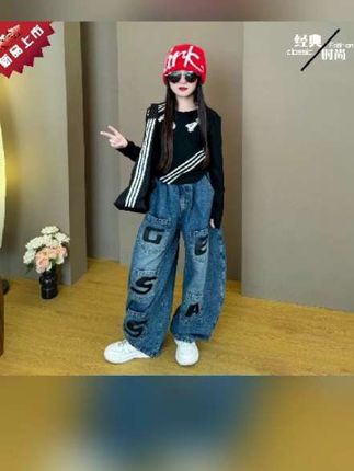 女童2025新款韩版洋气春秋季休闲条纹印花卫衣 阔腿牛仔裤套装潮酷#女童卫衣套装 #女童春秋新款童装 #女童休闲套装