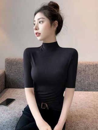 #女装 #女士半高领打底衫 #五分袖打底衫#女士内搭打底衫 #新款上衣女小立领T恤新款韩版修身半高领五分袖纯色上衣内搭