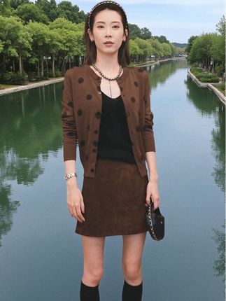 CHENSMCHEN 绵羊毛波点圆领针织衫女简 约百搭开衫上衣CSZ8637YW#陈什么陈#绵羊毛#针织衫#秋季穿搭 #流光机能风穿搭太有生命力了