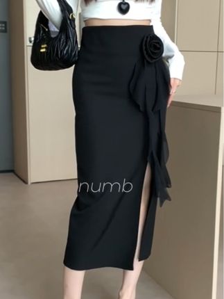 气质时尚名媛风花朵装饰荷叶边高腰开叉女御姐范A字百搭半身长裙#高级感气质穿搭 #分享穿搭每一天